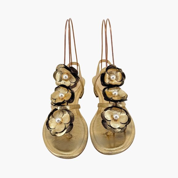 Chanel Camellia Pearl T-Strap Sandals Gold Leather Size 37C US 6–6.5 Women Flat - Picture 2 of 15